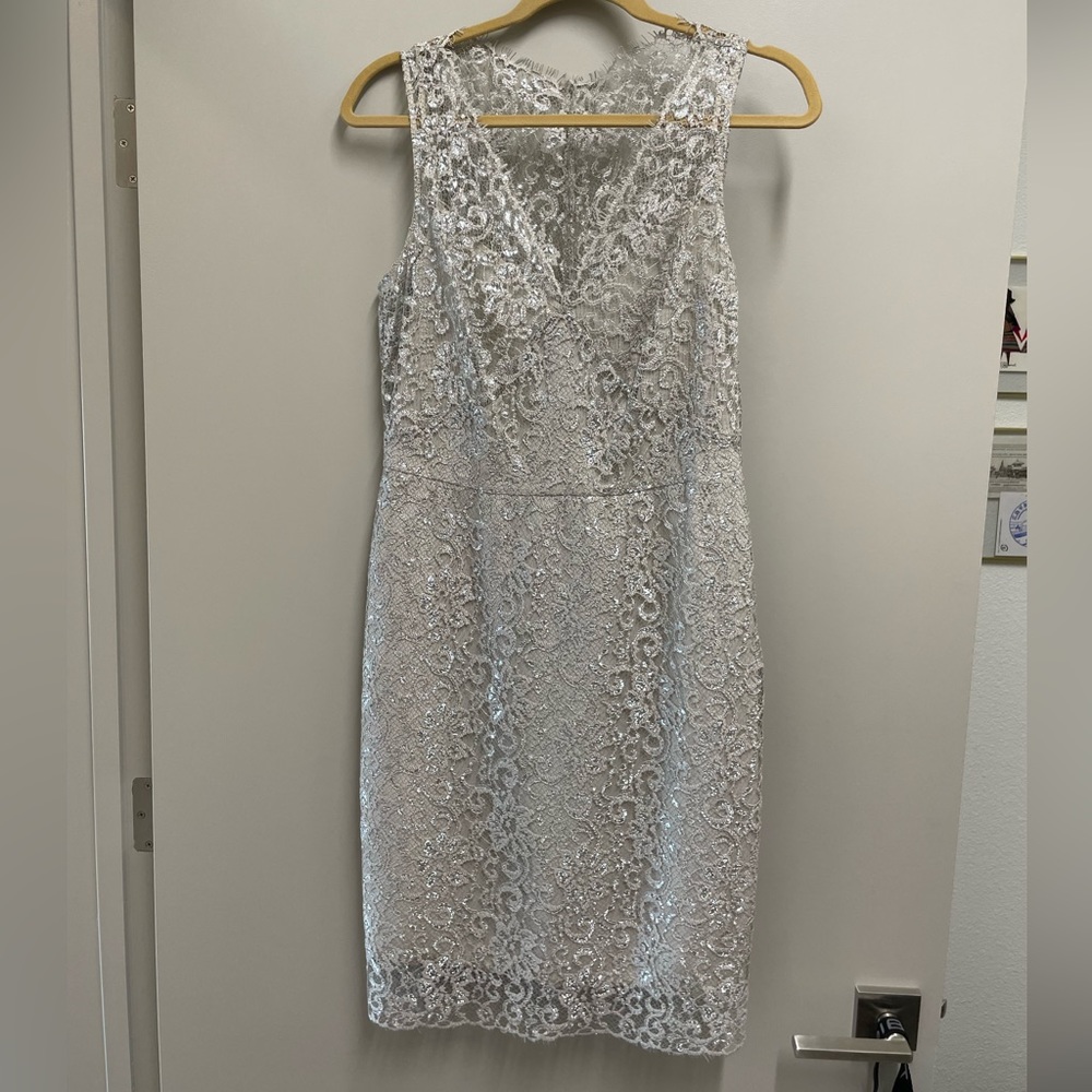 BCBGMaxAzria Silver Lace Midi Dress